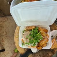 Bun cha gio with cha Chay take away, notice heo quay chien in the corner (roasted vegan bacon ;p) at Hop Nhat in Phan Thiet