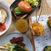 Full Medames, Beyond burger with caramelised onion, "fish"-cake, "bacon" bap at The Brook in Wallington