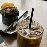 The only vegan cake option & an iced vanilla latte  at The Early Bird in Birmingham