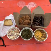Fried chicken, bbq, cajun cornbread, greens, cole slaw, famous bowl at Dirty Lettuce in Portland