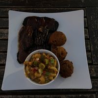 Ribs, Mac, and hush puppies   at Dirty Lettuce in Portland