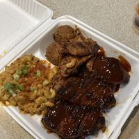 Combo with ribs Mac n cheese hush puppies   at Dirty Lettuce in Portland