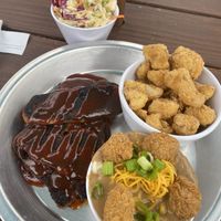 Ribs, coleslaw, cauliflowers, mash gravy chicken  at Dirty Lettuce in Portland
