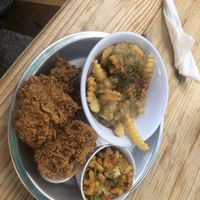 Fried chicken, Cajun poutine, and Cajun Mac and cheese. Soooo yummy!  at Dirty Lettuce in Portland