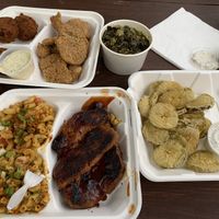 Hush puppies, fried 'catfish', collards, house ranch, BBQ 'ribs', friend pickles, spicy Mac & chz. 😋  at Dirty Lettuce in Portland