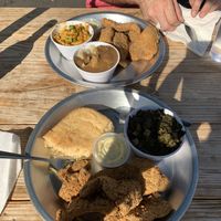 Catfish with sides of: greens, cornbread, Mac and cheese, mashed potatoes   at Dirty Lettuce in Portland