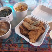 Catfish plate with extra Cajun Mac side at Dirty Lettuce in Portland