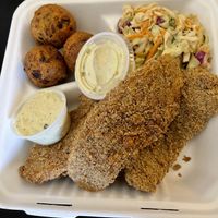 Vegan catfish, slaw, & hushpuppies   at Dirty Lettuce in Portland