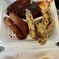 The bbq ribs, portobello mushroom fries, jalapeño poppers  at Dirty Lettuce in Portland