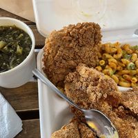 The chicken is at the top, the rest is catfish. So very good!!  at Dirty Lettuce in Portland