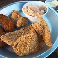 Catfish plate with jalapeno poppers at Dirty Lettuce in Portland