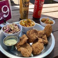 Catfish plate with tartar, slaw, cajun mac + small Infamous Bowl (fried chicken with mashed potato, corn, gravy) at Dirty Lettuce in Portland