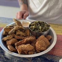 Cat fish, portobello fries and collard greens   at Dirty Lettuce in Portland
