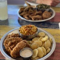 Fried chicken, Mac & cheese and pickle friess  at Dirty Lettuce in Portland