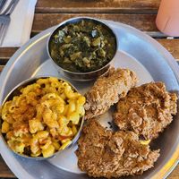 Fried chicken, greens, and Mac n cheese. Very healthy portions! at Dirty Lettuce in Portland