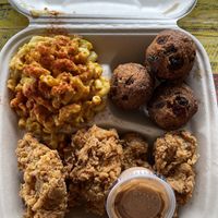 Fried chicken plate with mac + hush puppies   at Dirty Lettuce in Portland