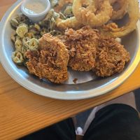 Fried Chicken, fried jalapeños and walla walla onion rings at Dirty Lettuce in Portland