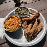 Catfish platter with Mac and cheese & collard greens   at Dirty Lettuce in Portland