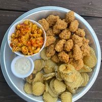 Popcorn chicken, cajun mac, fried pickles, and ranch. Delicious!  at Dirty Lettuce in Portland