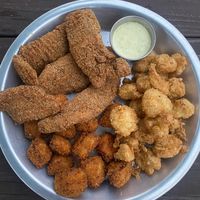 Catfish, fried cauliflower, and fried eggplant!  at Dirty Lettuce in Portland