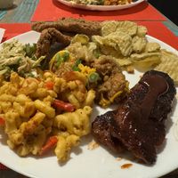 Clockwise from the top: catfish, fried pickles, bbq ribs, Mac and cheese, coleslaww #Veganuary at Dirty Lettuce in Portland