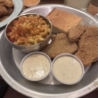 Seitan meal with “catfish” Mac and cheese and corn breadd  at Dirty Lettuce in Portland