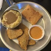 Catfish with cornbread and mashed potatoes & gravy  at Dirty Lettuce in Portland