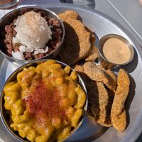 Catfish with Mac n cheese & red beans & rice at Dirty Lettuce in Portland