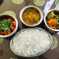 Steamed rice with Aloo dum, Dal and Veg. do Pyaza. at Greendale Restaurant Hara Bhara in Gangtok