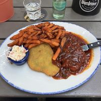 Vegan schnitzel with sweet potato fries    at Schwan in Dusseldorf