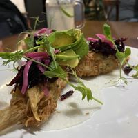 ‘Fish’ tacos mushrooms breaded with shredded coconut... jicama tortilla.. avocado and beets at Edén in Guadalajara