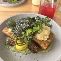 Can’t remember what it’s called, a potato hash thing (yum!) and refreshing beetroot juice   at Two Blocks Cafe in Holloways Beach