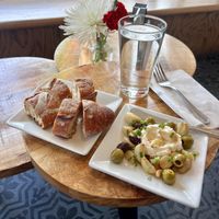 Whipped Tofu Feta with garlic, olives, chives, and baguette  at Box Bar in West Seattle