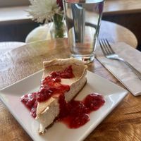 Vegan Cheesecake with graham cracker crust, strawberry, rhubarb, pinelake cellar compote.  at Box Bar in West Seattle