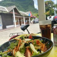 Large garden salad and bread   at Aloe Cafe in Bora Bora