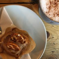 Salted caramel pretzel cupcake with cacao and reishi “latte" #Veganuary at Buddhas Kitchen & Wellness Lounge in Launceston