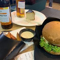 Kombucha, fries and burger at Veganuti in Kyiv