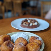 Arty shot of both our deserts (Biscoff Doughnuts and Dark Chocolate Delice) at Peachy Goat in South East London