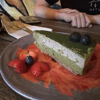 Raw matcha dessert at Ras Plant Based in Brooklyn