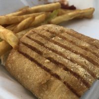 Vegan sausage sandwich with fries  at Silver Spoon Diner in Clarks Summit