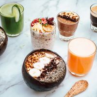 A breakfast Medley- Chia Pudding, Over Night Oats, Coffee, Smoothie Bowls and Juices. at Wigwam in Mandrem