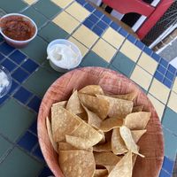 Chips with vegan sour cream and salsa  at Texicana Grill in Bellmore