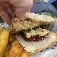 A very small beetroot burger in a dry bun!   at Salt House in Dikwella