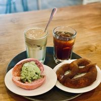 Dalgona cashew milk coffee, black coffee, dorayaki with matcha ice cream, cinnamon pretzel 🥨  at Kood Kolaborasi Untuk Desa in Denpasar