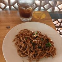 Spaghetti and tamarind drink at Kood Kolaborasi Untuk Desa in Denpasar