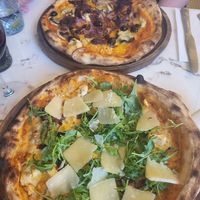 Pizza at top is Vegan option with Mushrooms  Artichokes Onions Olives sundried Tomatoes and Vegan Cheese at The Chubby Cherub in Belfast