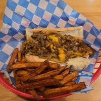 Original cheesesteak (daiya) + sweet potato fries at Food Factory in Fairbanks