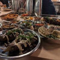 Grilled eggplant in front, salatim and mushroom in back (all vegan) at Laser Wolf in Philadelphia