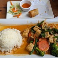 Veggie tofu curry, and half a tofu spring roll at Pho Basil in Boston