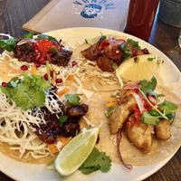 From up left: vegan lam, chicken, eggplant and prawn tacos.  at Vandal in Newtown